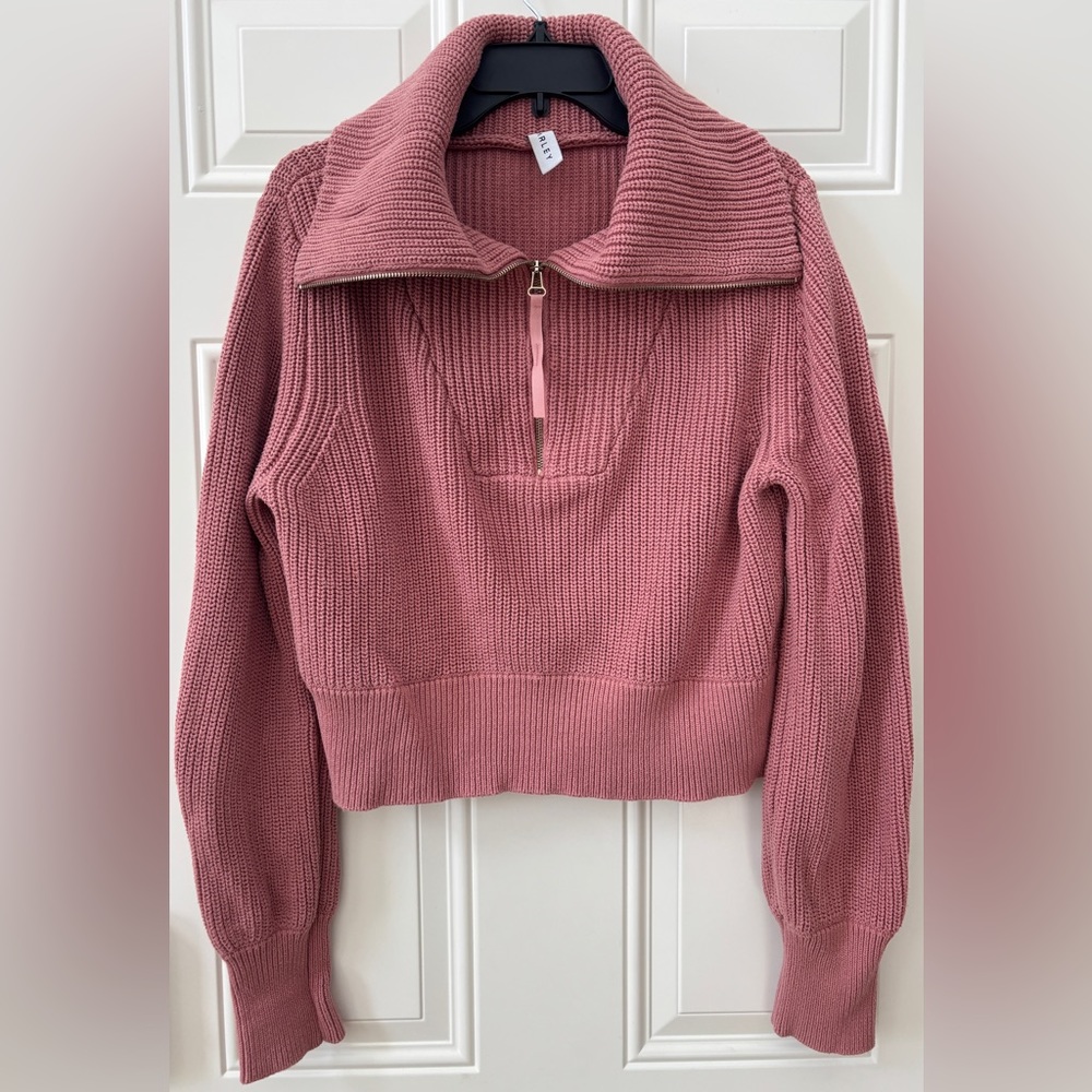Varley Rose Pink Ribbed V-Neck Half-Zip Sweater